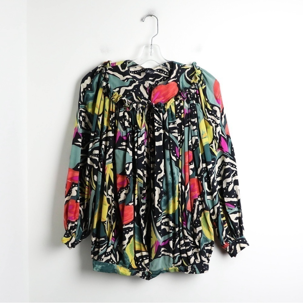 Vintage Emanuel Ungaro tropical print blouse silk abstract 90s one size colorful